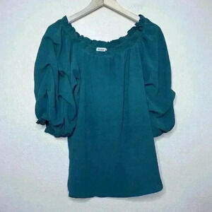 Womens Emerald Green Puff Sleeve Button Back Blouse Small Gold Buttons